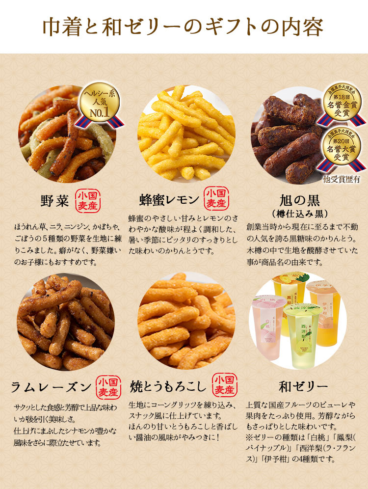 白巾着と和ぷるんフルーツゼリー4種を添えて